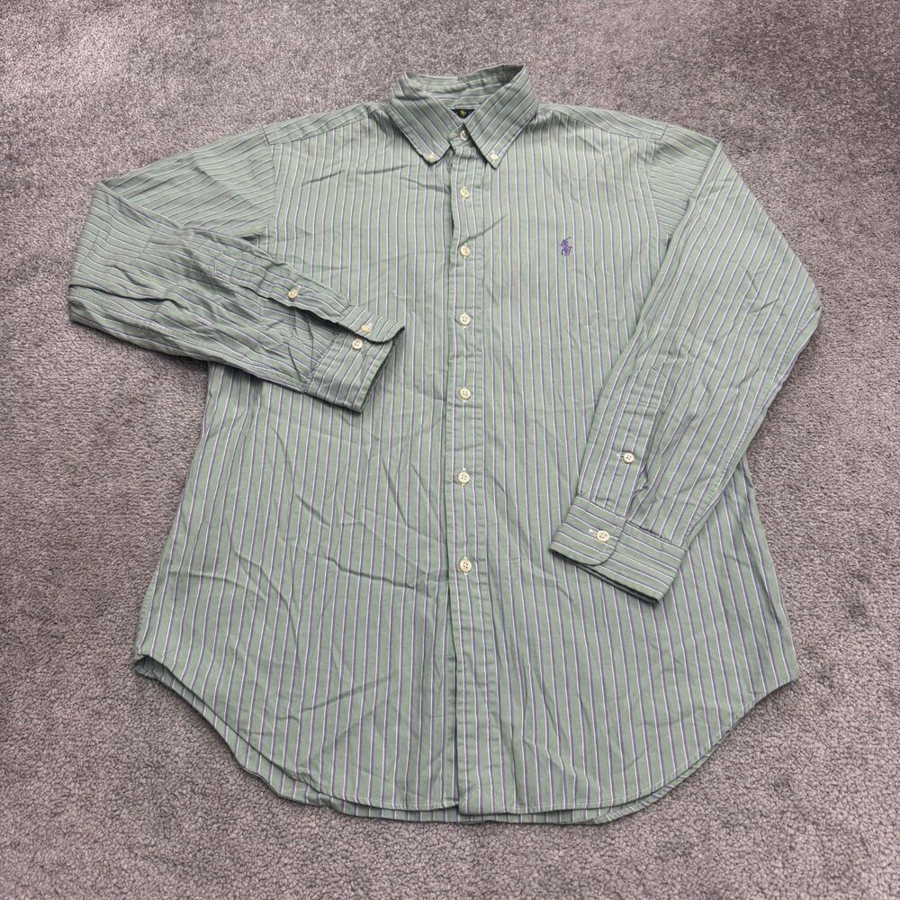 Ralph Lauren Classic Fit Dress Shirt Mens 15 32/33 Green Striped Cotton Workwear